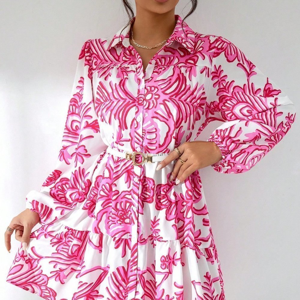 Pink Boho Womens Floral Print Ruffle Hem Smock Dress Without Belt - Picture 3 of 5